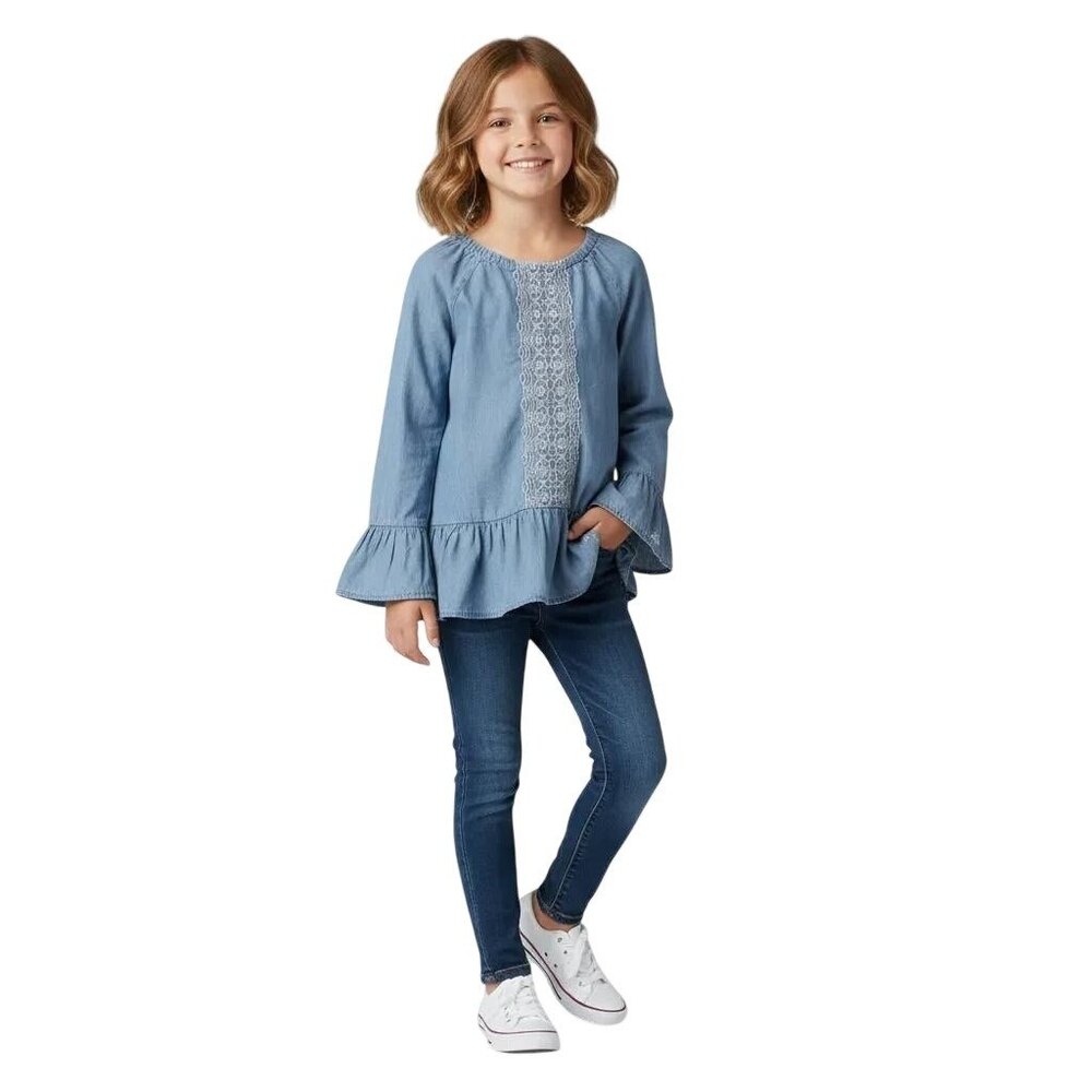 Lucky Brand Girls Embroidered Long‎ Sleeve Ruffled Hem Chambray Blouse Size 6